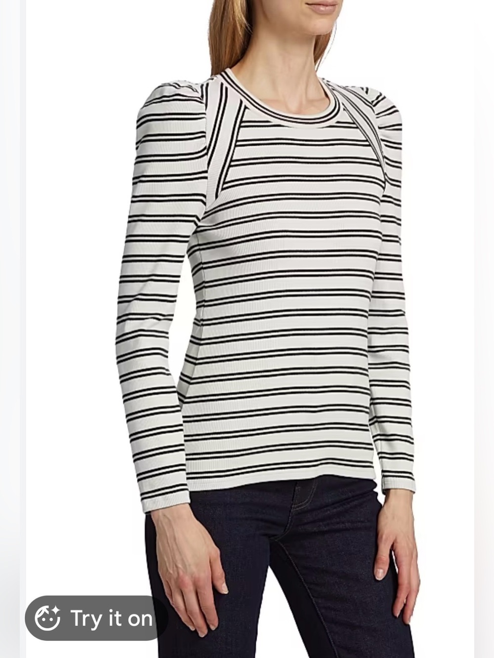 Veronica Beard Delano Striped Puff Sleeve Rib Knit Top Black Ivory White